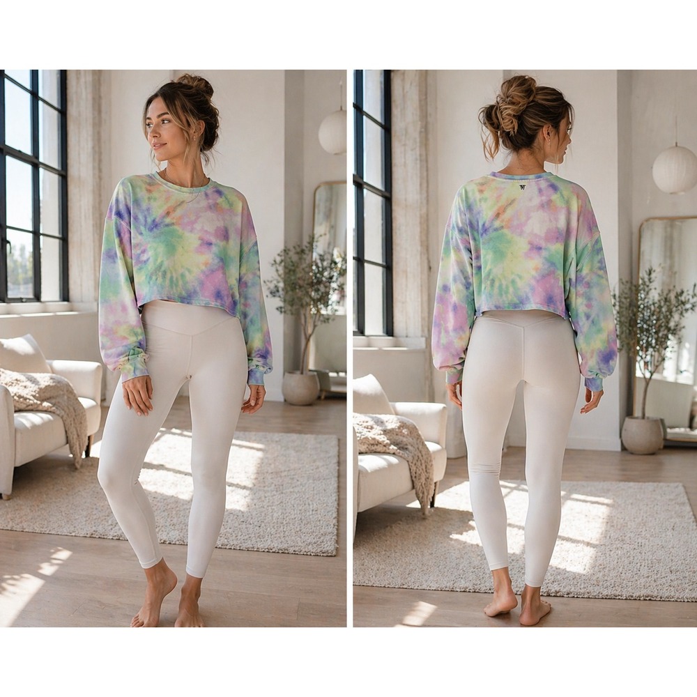 IVL Collective Boho Hippie Tie Dye Cropped Balloon Sleeve Pullover Sweatshirt 12